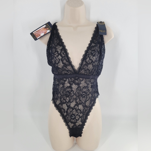 Rachel Roy Bodysuit Lace Romantic Goth Coquette Fairy Black Size XL New - Picture 1 of 4